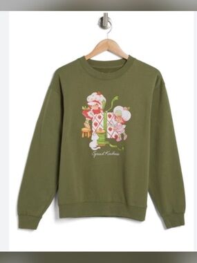 Green Graphic Sweatshirt with Strawberry Shortcake Style Print